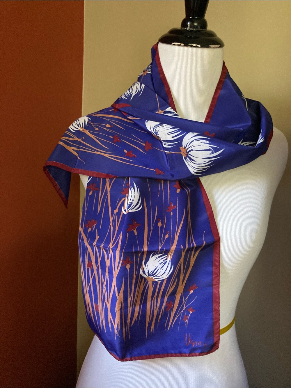 Vintage Vera Neumann Floral Blue and White Oblong Scarf 46”x10.5”